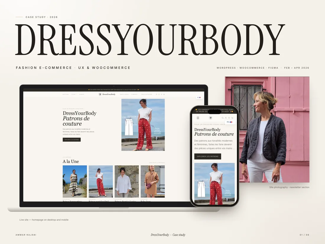 Étude de cas DressYourBody : page d’accueil sur ordinateur et mobile